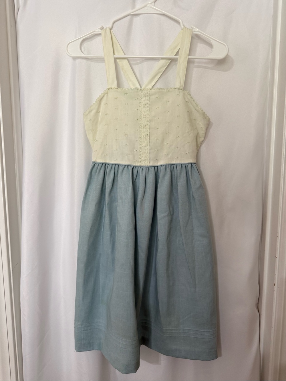 Girls Sleeveless Eyelet and Chambray Dress Ivory/Light Blue
